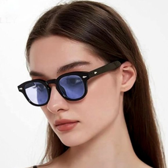 Circle Men Women Trendy Blue Lens Black Frame Beach Shades Round Sunglasses - Picture 2 of 7
